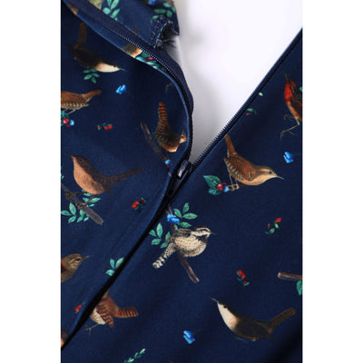 PRE ORDER Brenda Navy Blue with Bird Print Short-Sleeved Adorned Dress