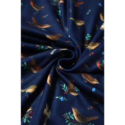 PRE ORDER Brenda Navy Blue with Bird Print Short-Sleeved Adorned Dress