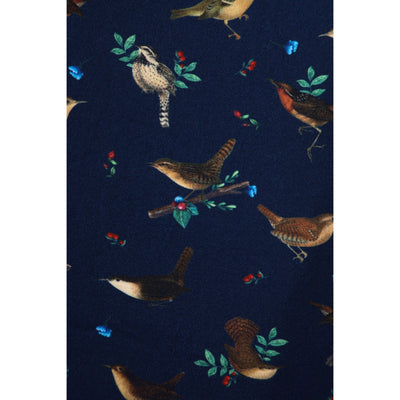 PRE ORDER Brenda Navy Blue with Bird Print Short-Sleeved Adorned Dress