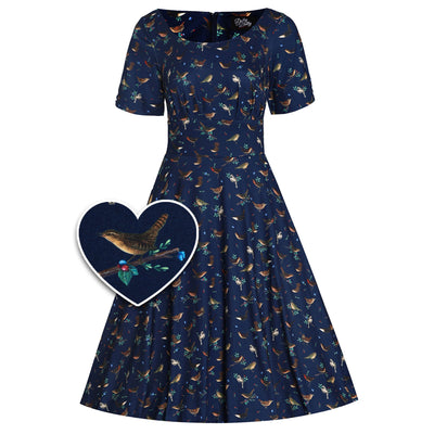 PRE ORDER Brenda Navy Blue with Bird Print Short-Sleeved Adorned Dress