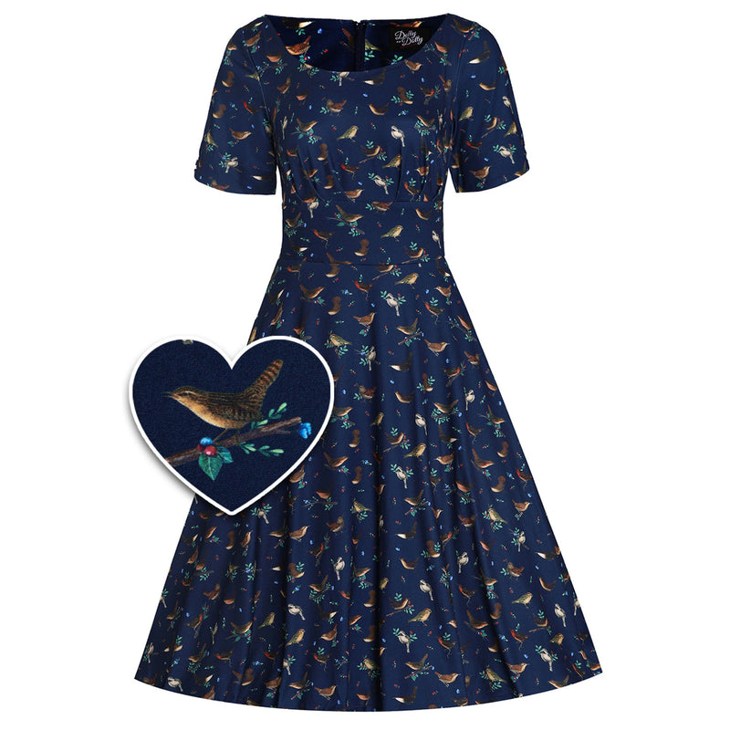 PRE ORDER Brenda Navy Blue with Bird Print Short-Sleeved Adorned Dress