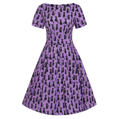 Brenda Purple & Black Cat Print Short-Sleeved Adorned Dress