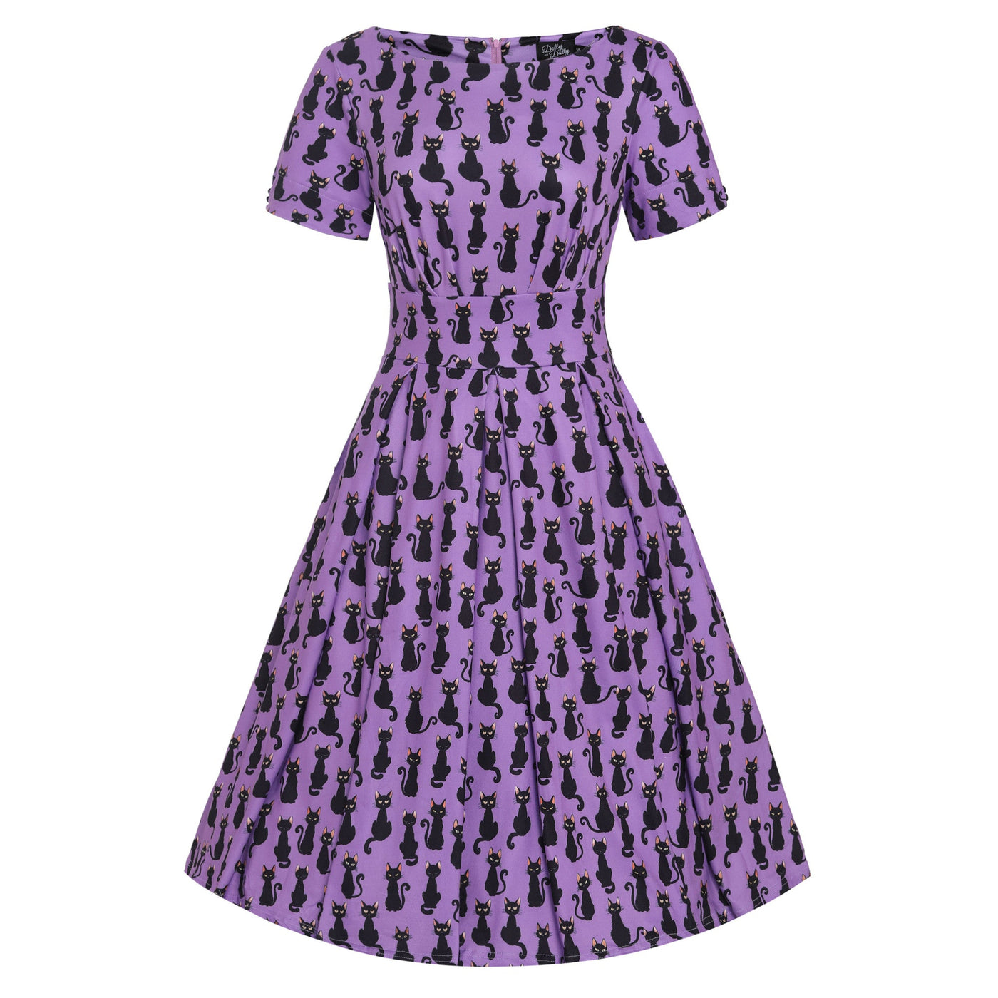 EU STOCK Brenda Purple & Black Cat Print Short-Sleeved Adorned Dress