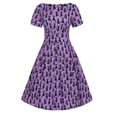 EU STOCK Brenda Purple & Black Cat Print Short-Sleeved Adorned Dress