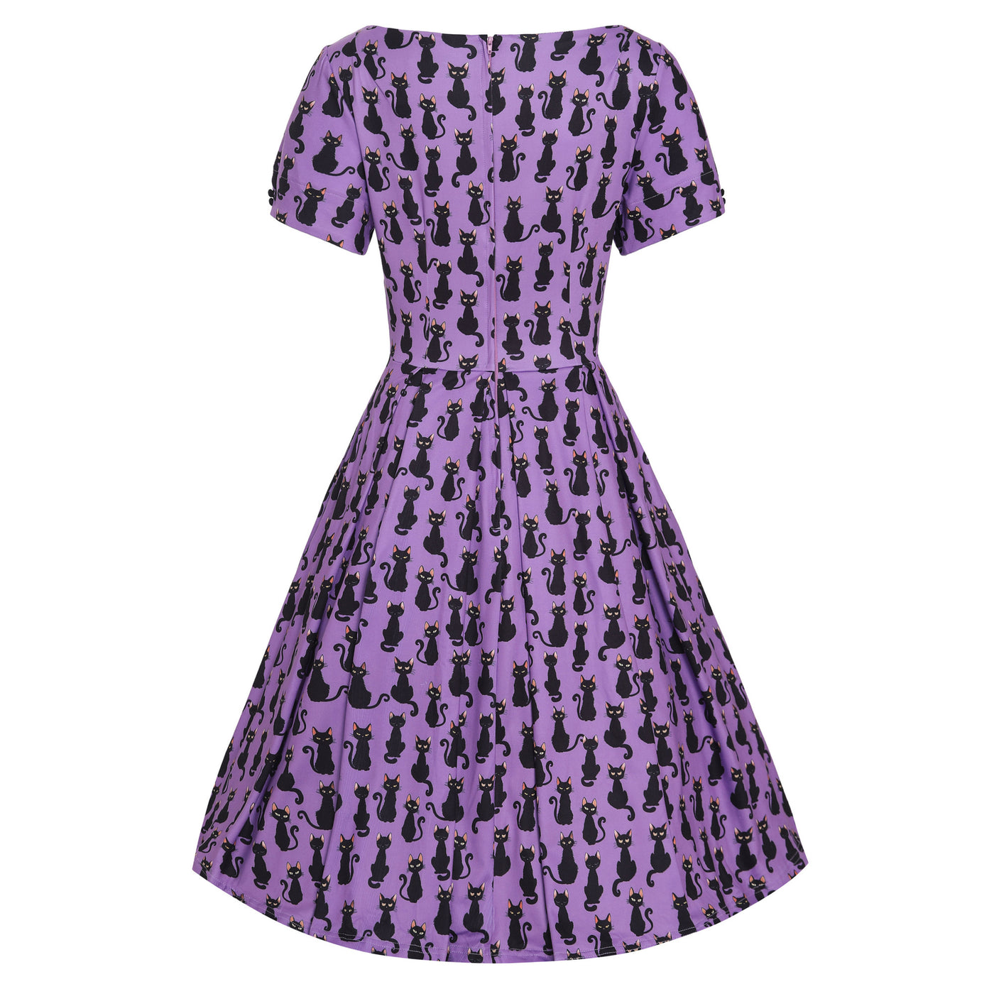 Brenda Purple & Black Cat Print Short-Sleeved Adorned Dress