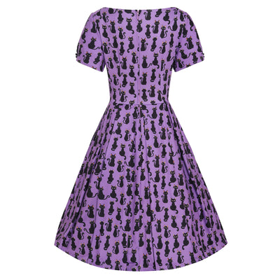 Brenda Purple & Black Cat Print Short-Sleeved Adorned Dress