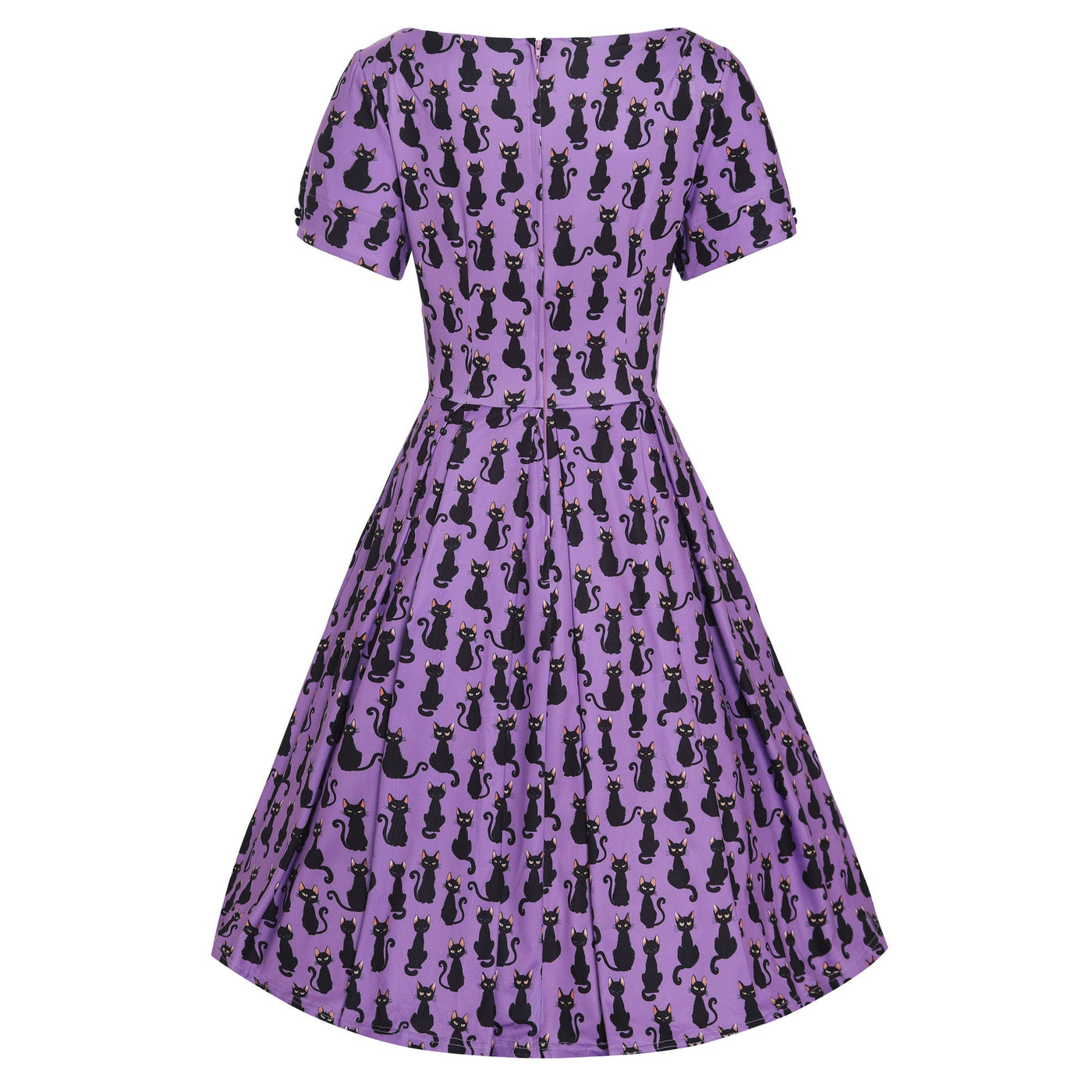 EU STOCK Brenda Purple & Black Cat Print Short-Sleeved Adorned Dress