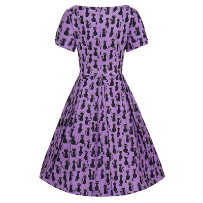 EU STOCK Brenda Purple & Black Cat Print Short-Sleeved Adorned Dress