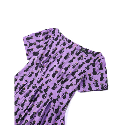 EU STOCK Brenda Purple & Black Cat Print Short-Sleeved Adorned Dress