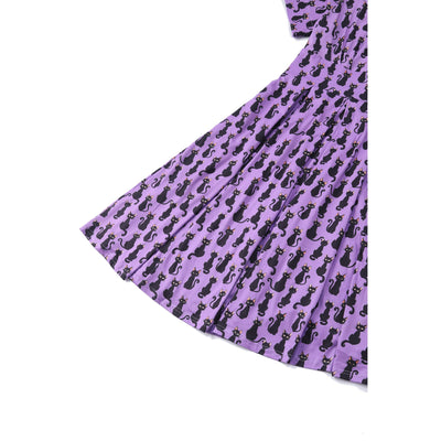 EU STOCK Brenda Purple & Black Cat Print Short-Sleeved Adorned Dress