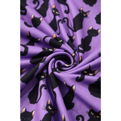 EU STOCK Brenda Purple & Black Cat Print Short-Sleeved Adorned Dress