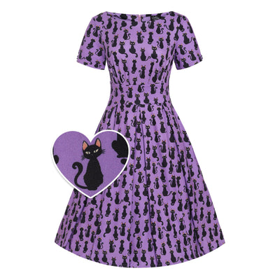 EU STOCK Brenda Purple & Black Cat Print Short-Sleeved Adorned Dress