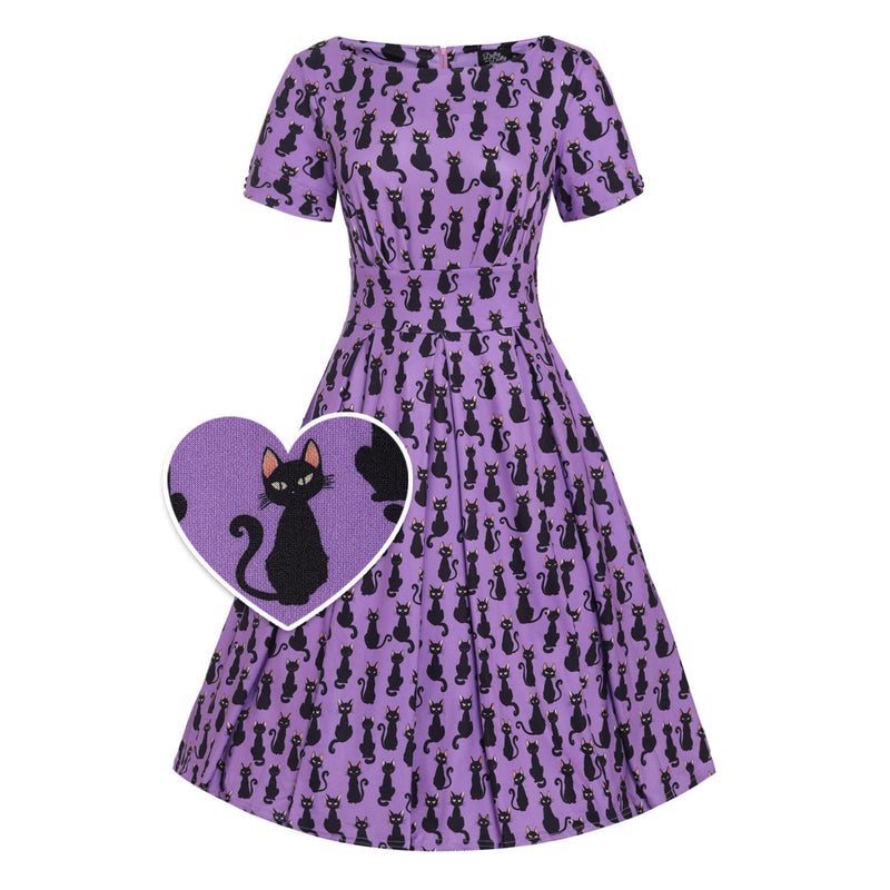 EU STOCK Brenda Purple & Black Cat Print Short-Sleeved Adorned Dress