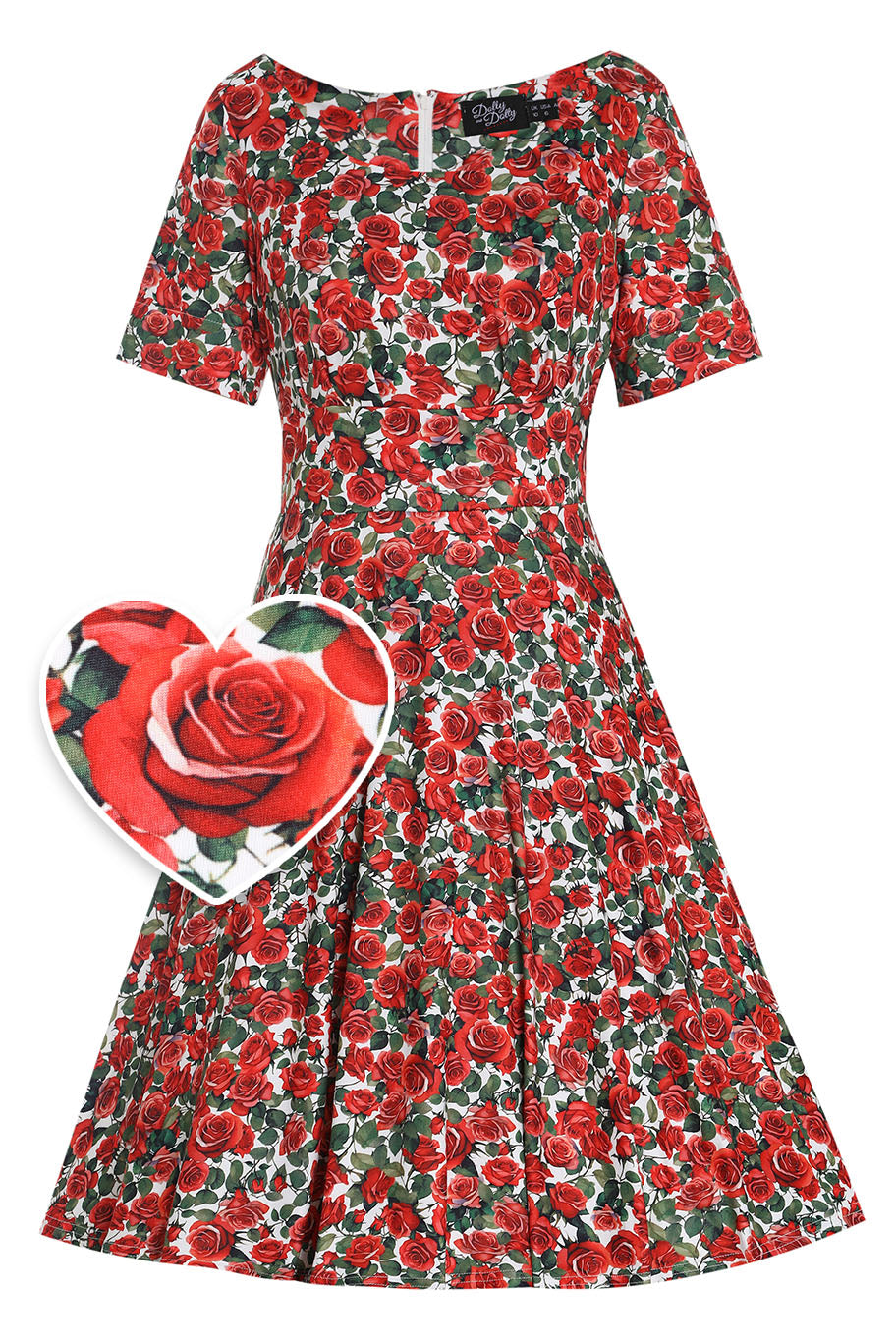 Brenda Red Short-Sleeved Rose Garden Print Adorned Dress
