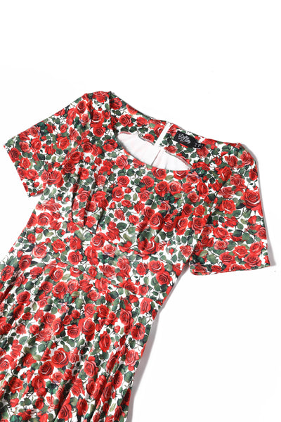Brenda Red Short-Sleeved Rose Garden Print Adorned Dress