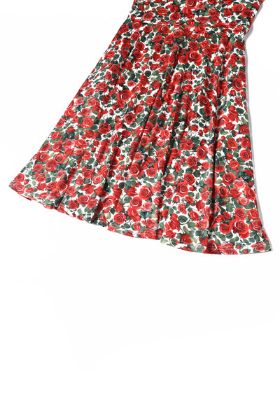Brenda Red Short-Sleeved Rose Garden Print Adorned Dress