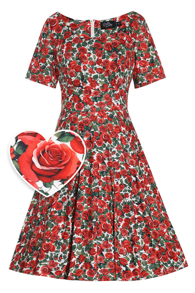 Brenda Red Short-Sleeved Rose Garden Print Adorned Dress