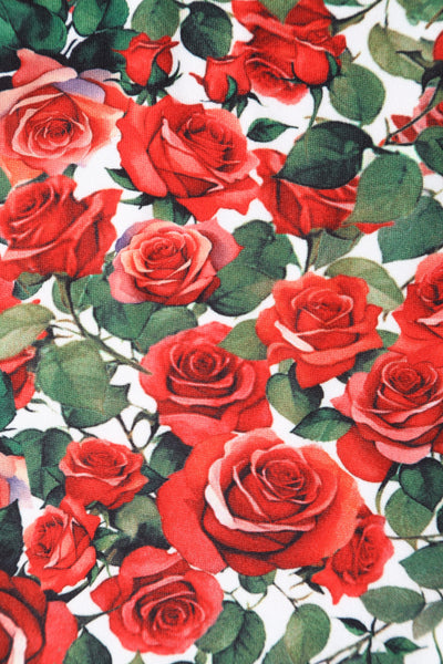 Brenda Red Short-Sleeved Rose Garden Print Adorned Dress