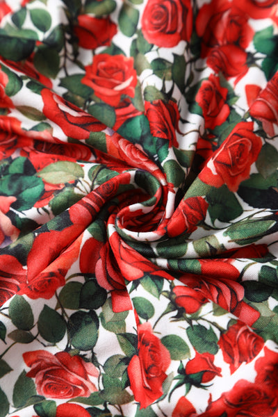 Brenda Red Short-Sleeved Rose Garden Print Adorned Dress