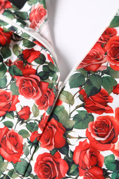 Brenda Red Short-Sleeved Rose Garden Print Adorned Dress