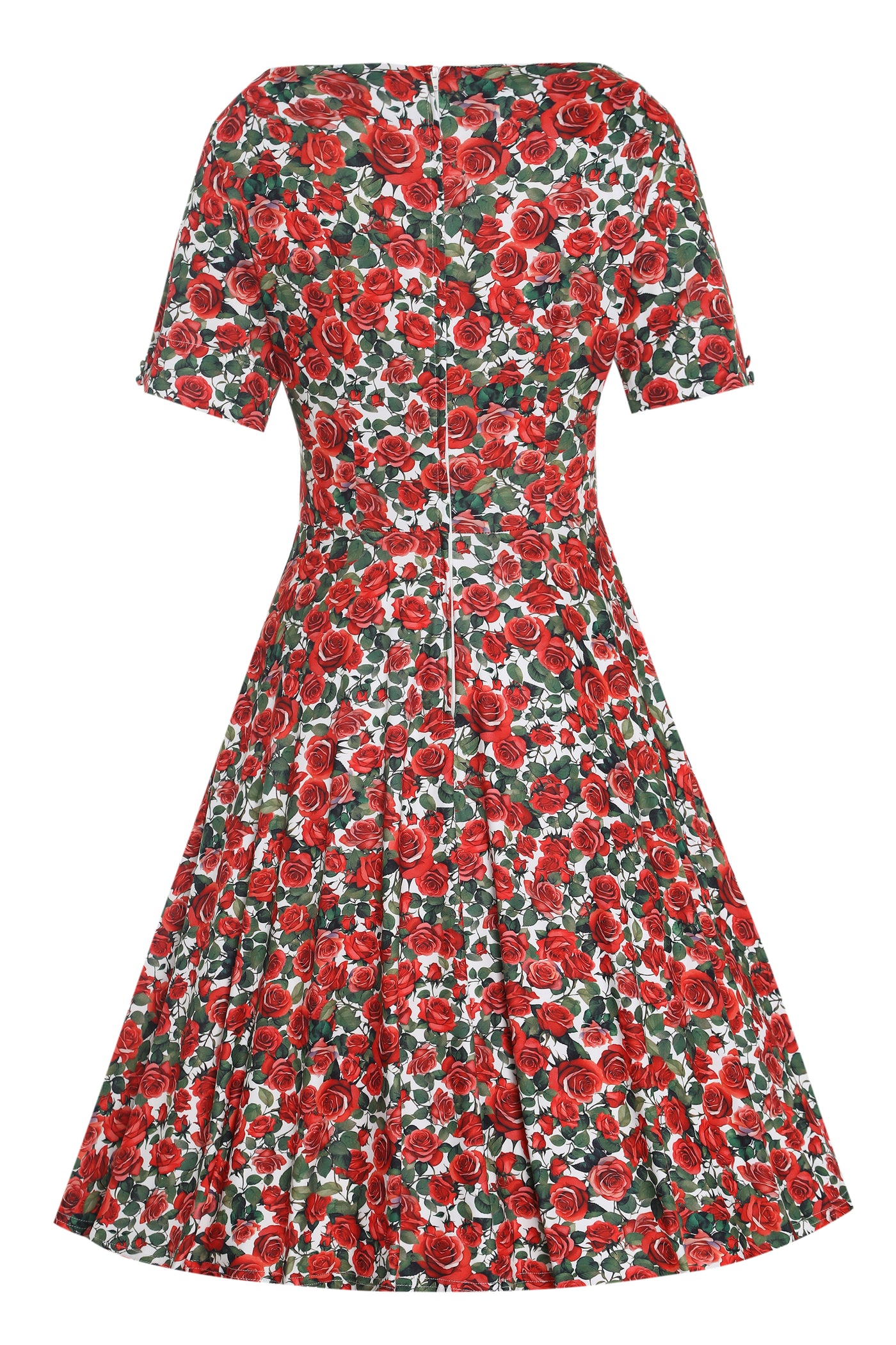 Brenda Red Short-Sleeved Rose Garden Print Adorned Dress