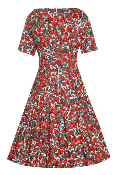 Brenda Red Short-Sleeved Rose Garden Print Adorned Dress