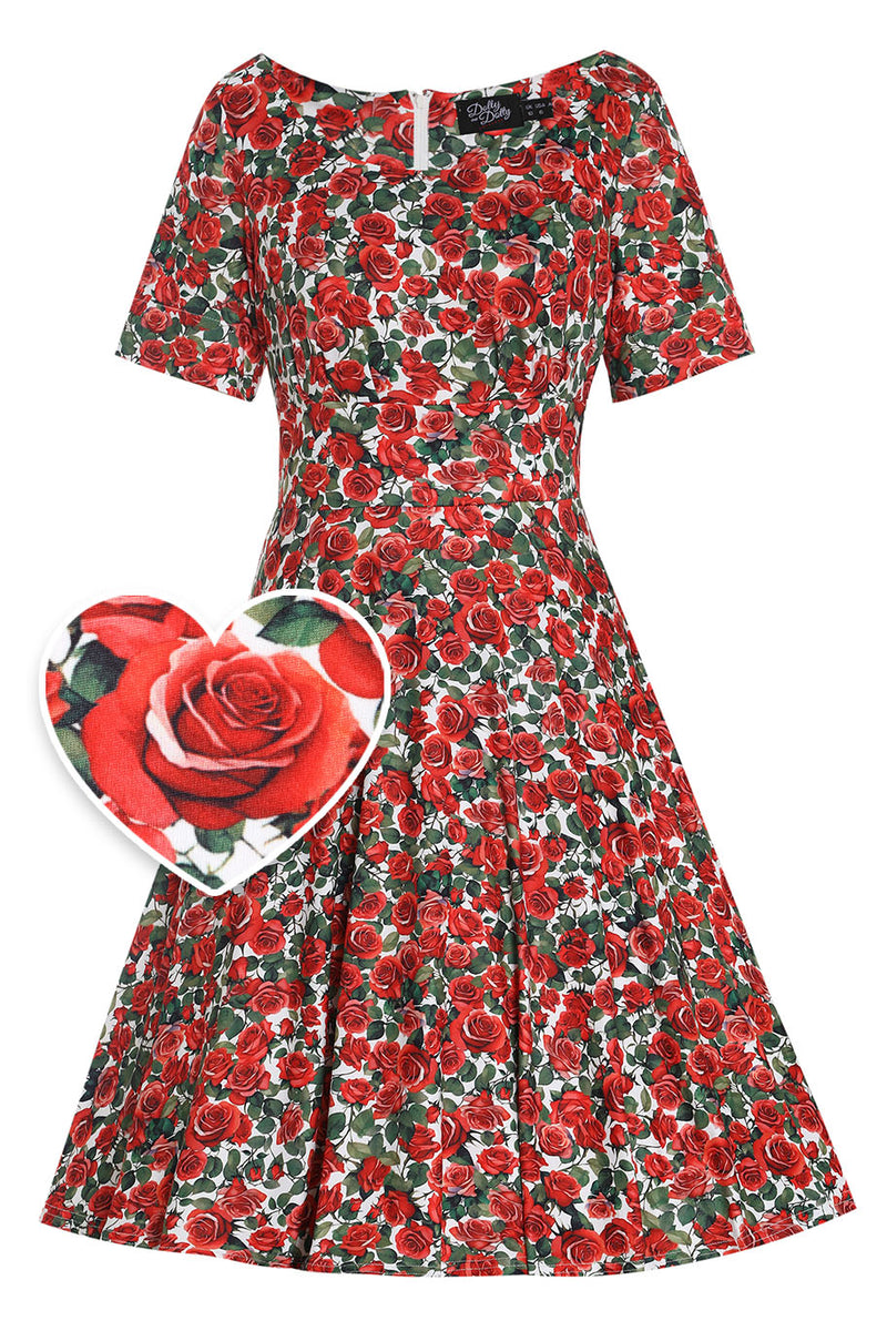 Brenda Red Short-Sleeved Rose Garden Print Adorned Dress