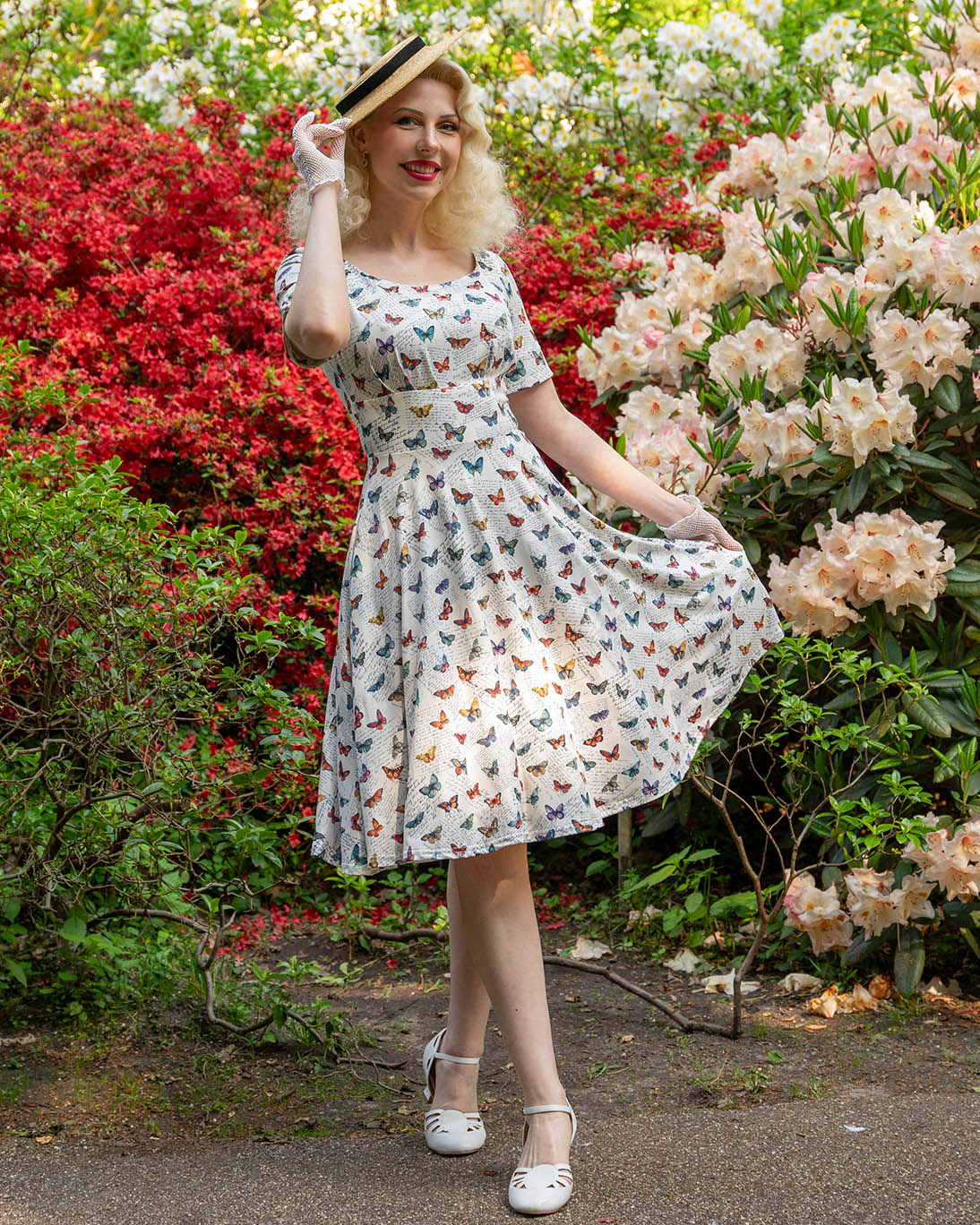 PRE ORDER Brenda White Butterfly Collection 50s Style Dress
