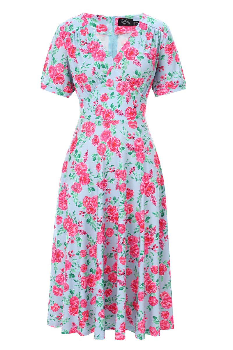 Julia Pink Rose Midi Dress In Baby Blue