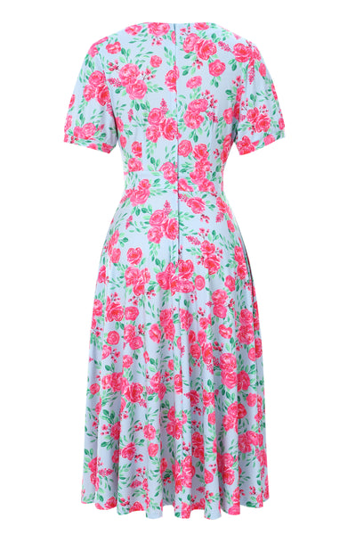 Julia Pink Rose Midi Dress In Baby Blue