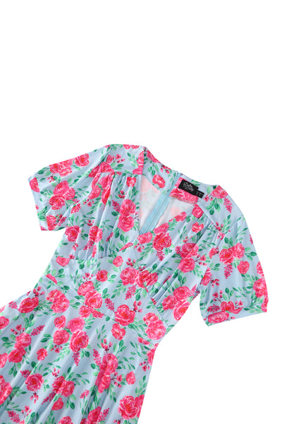 Julia Pink Rose Midi Dress In Baby Blue