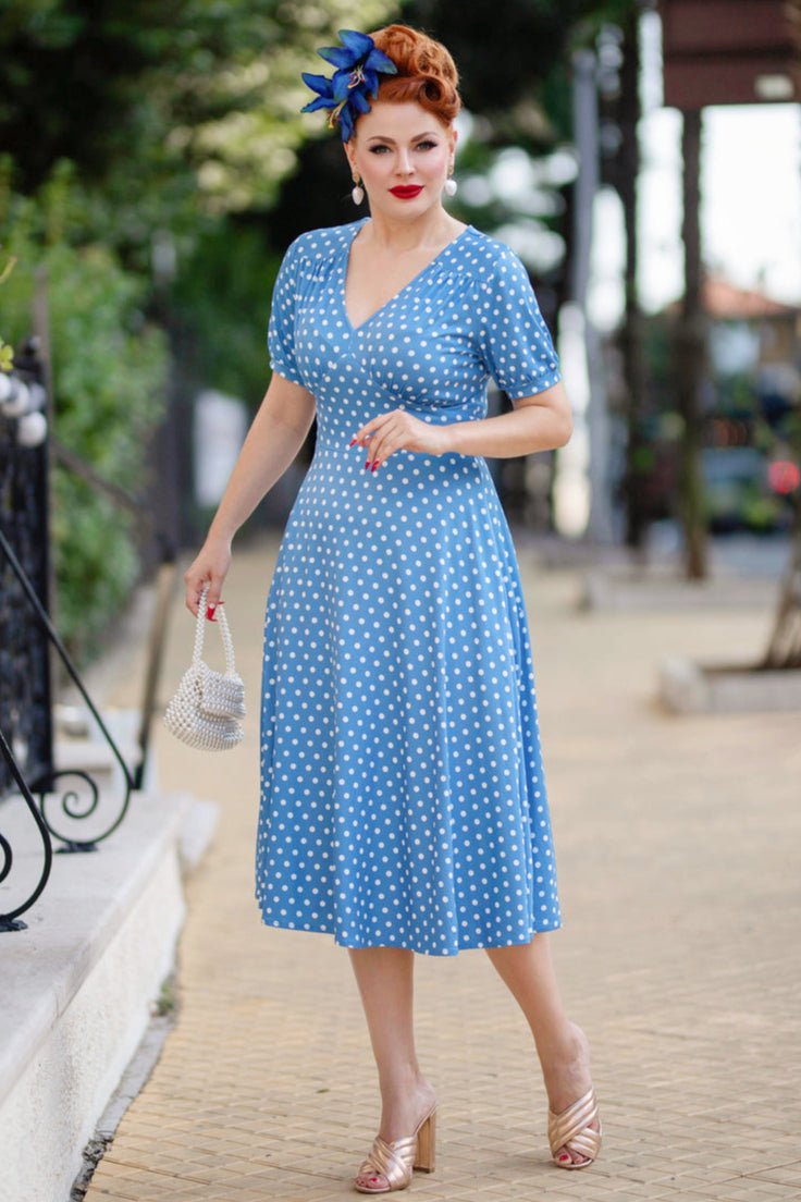 Julia Light Blue 50s Style White Polka Dot Print Swing Dress