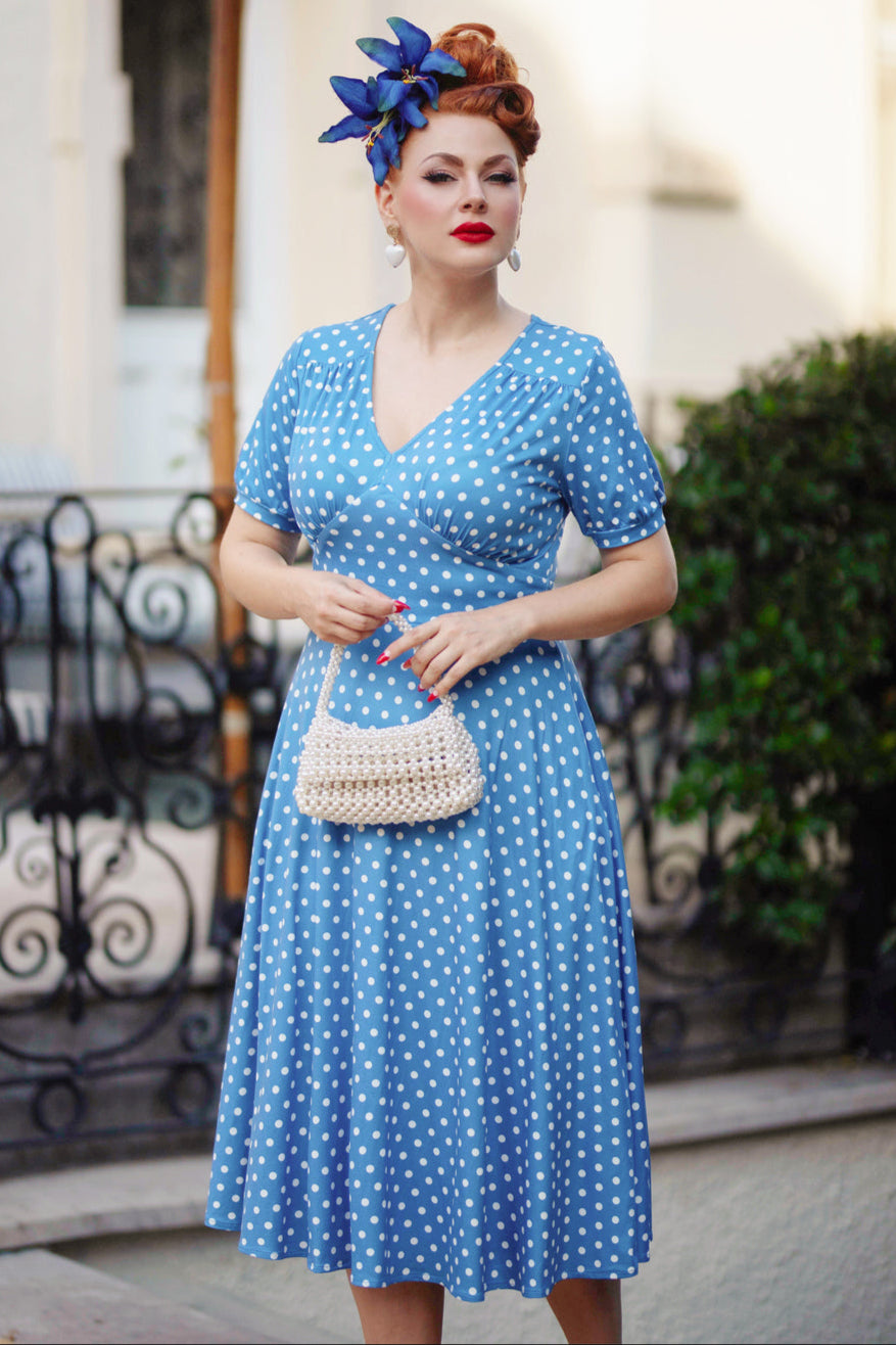 Julia Light Blue 50s Style White Polka Dot Print Swing Dress