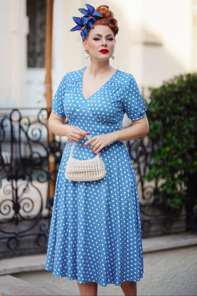 Julia Light Blue 50s Style White Polka Dot Print Swing Dress