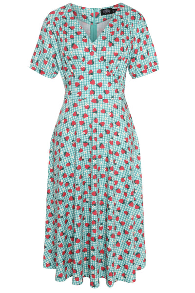 Julia Light Green 50s Style Strawberry/Checkered Print Swing Dress