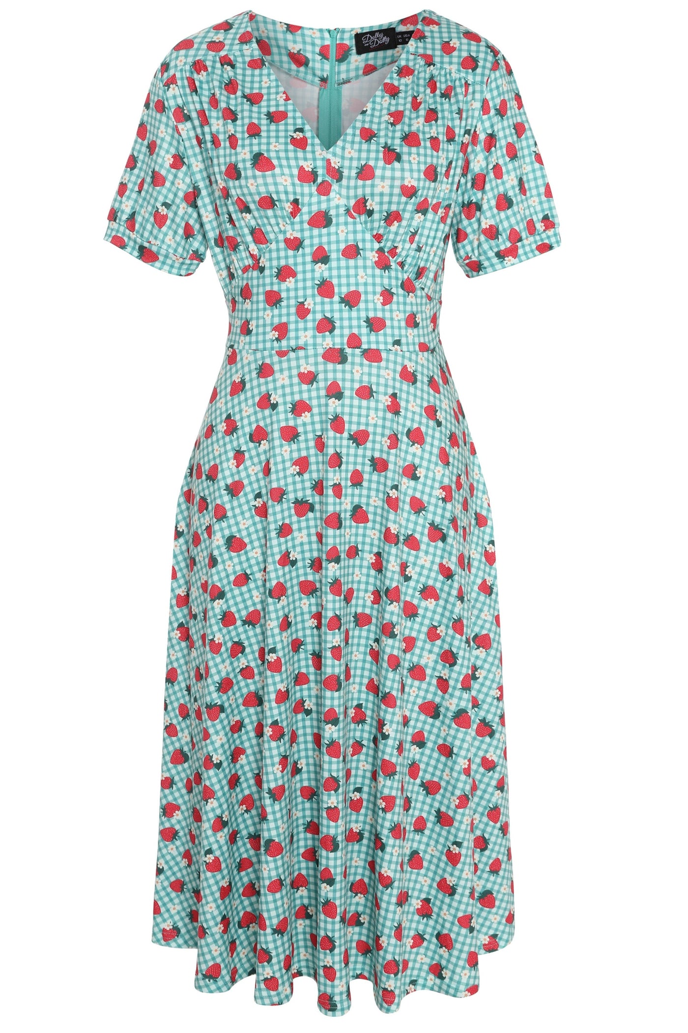 EU STOCK Julia Light Green 50s Style Strawberry/Checkered Print Swing Dress