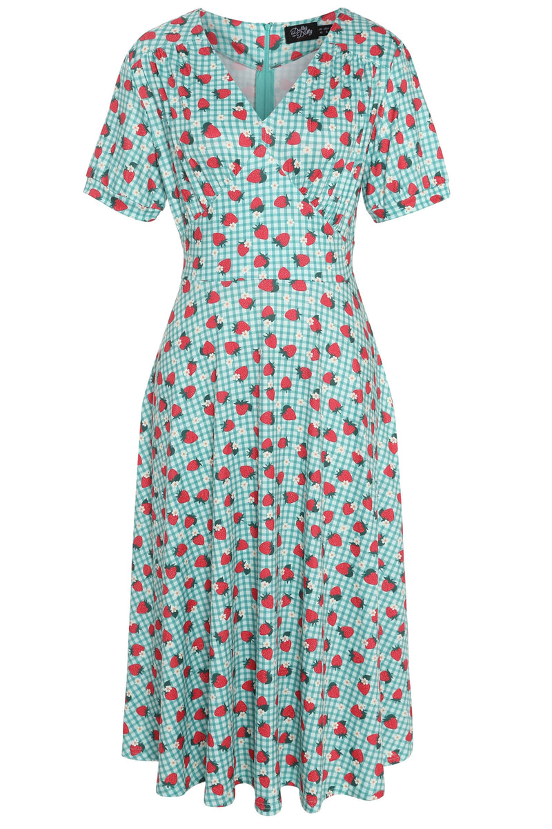 EU STOCK Julia Light Green 50s Style Strawberry/Checkered Print Swing Dress
