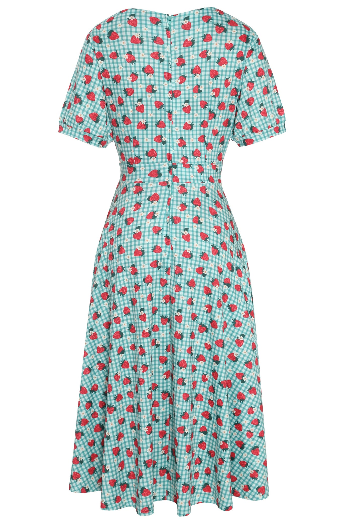 Julia Light Green 50s Style Strawberry/Checkered Print Swing Dress