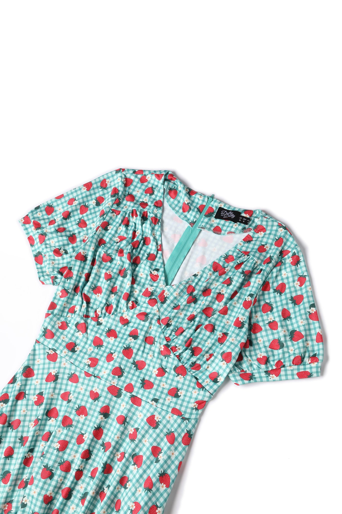 EU STOCK Julia Light Green 50s Style Strawberry/Checkered Print Swing Dress