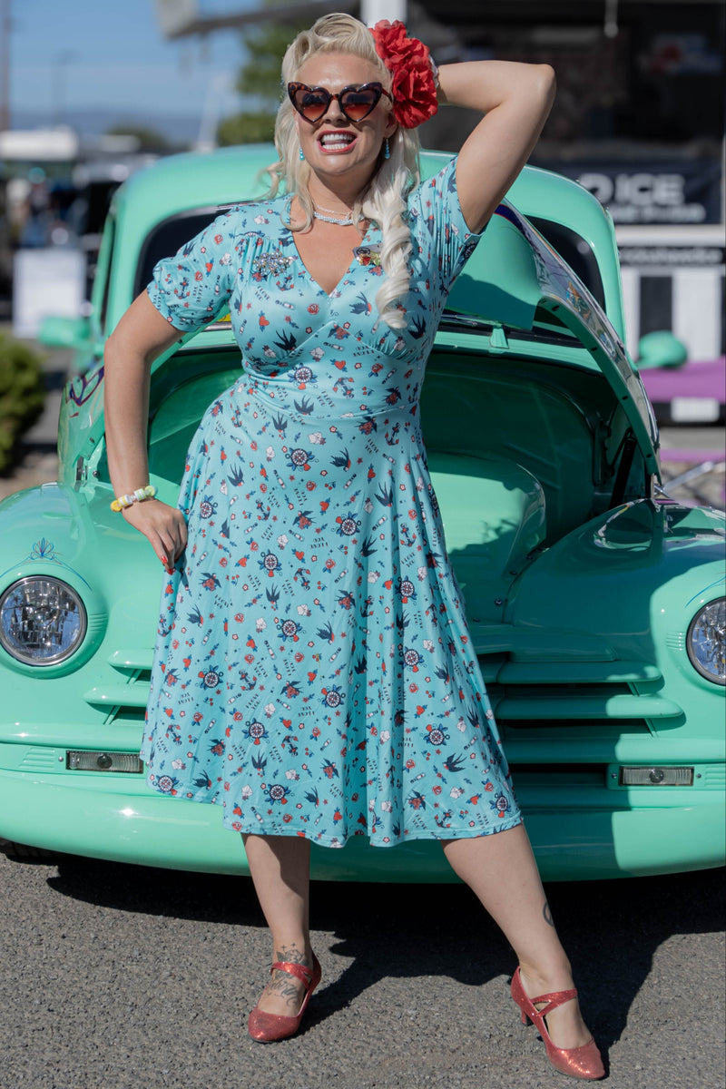 Julia Blue Nautical Tattoo Midi Dress