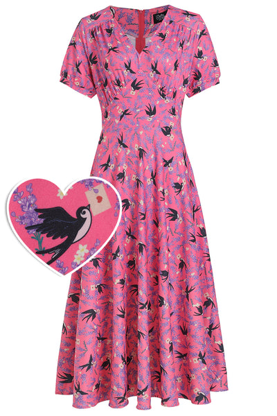 Julia Retro Pink Swallow Tea Dress