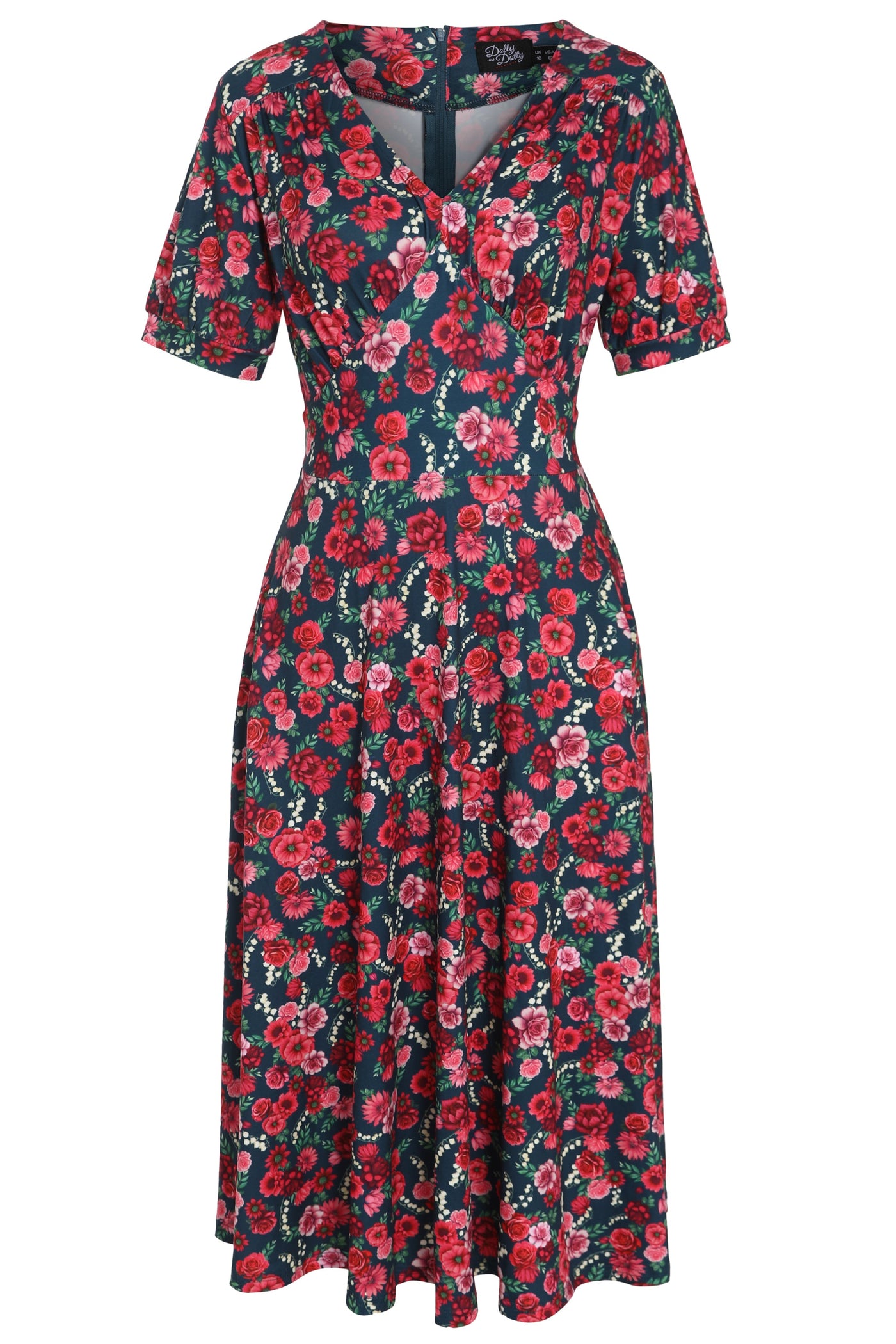 Julia Petrol Blue 50s Style Floral Print Swing Dress