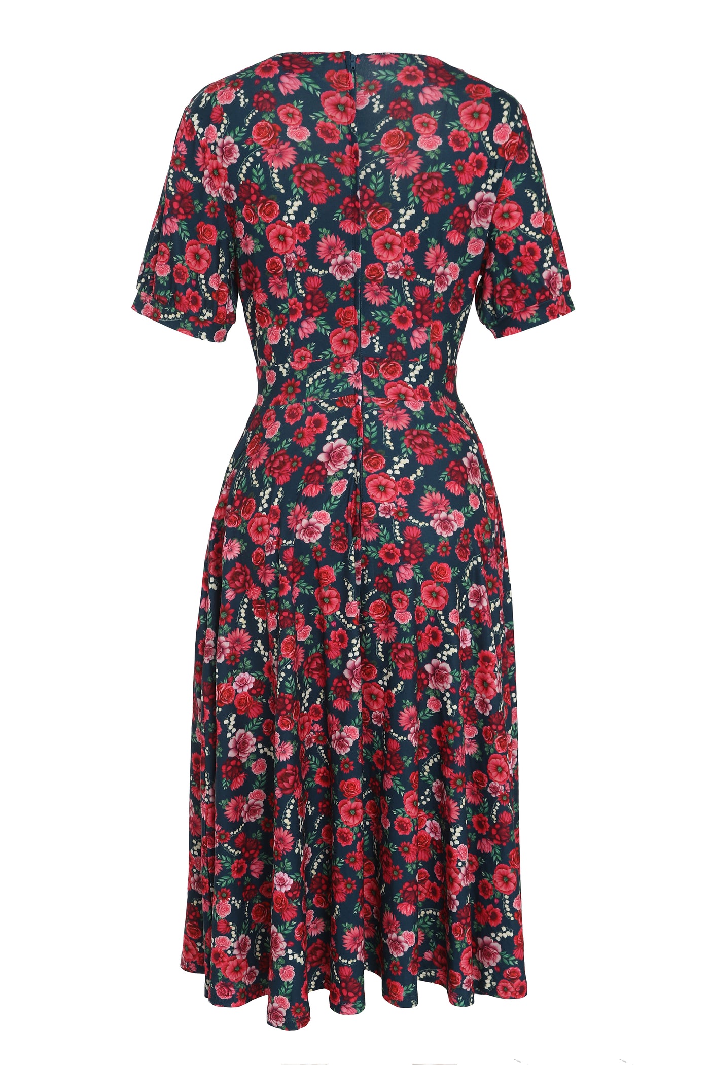 Julia Petrol Blue 50s Style Floral Print Swing Dress