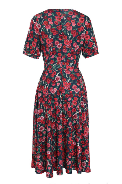 Julia Petrol Blue 50s Style Floral Print Swing Dress