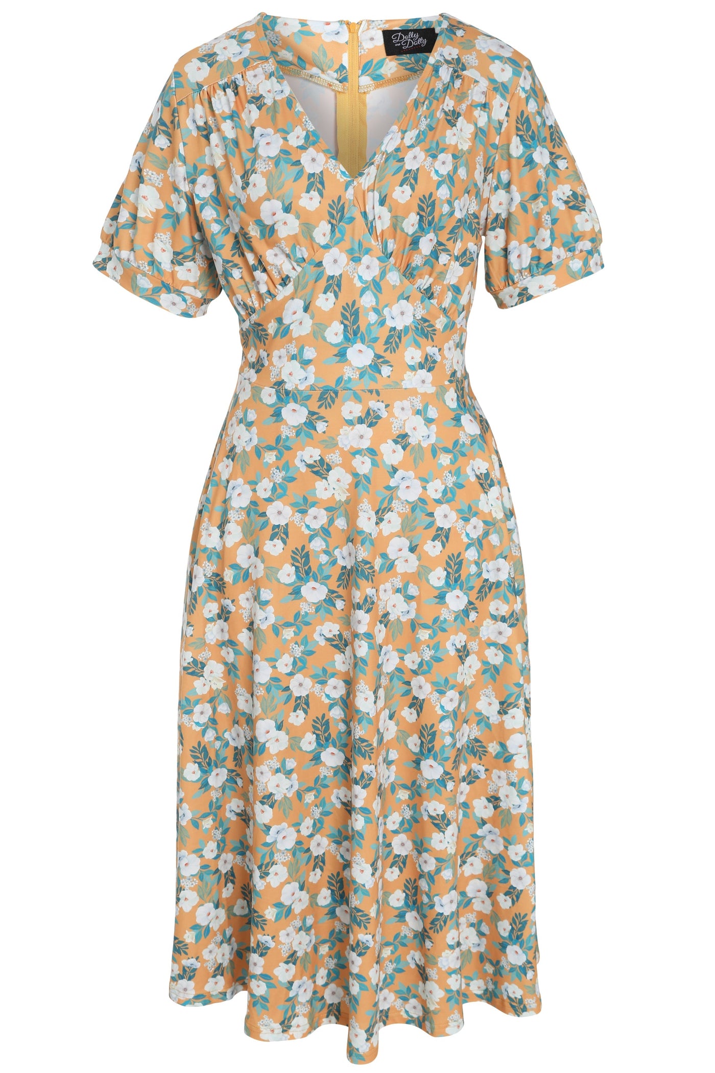 EU STOCK Julia Yellow 50s Style White Floral Print Swing Dress