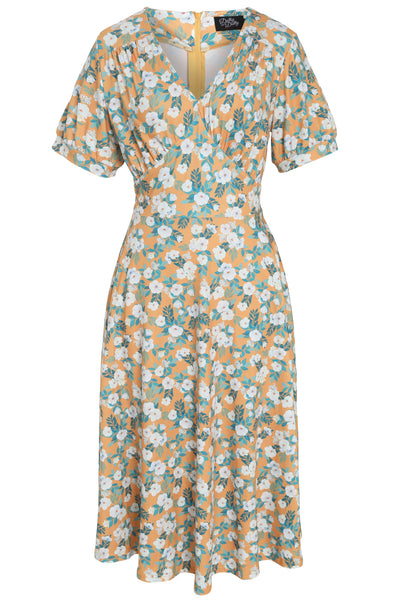EU STOCK Julia Yellow 50s Style White Floral Print Swing Dress