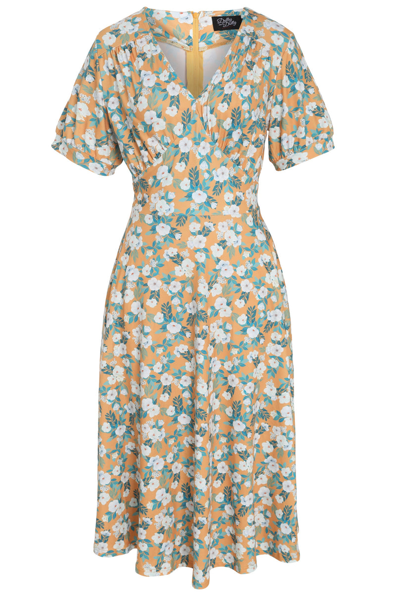 EU STOCK Julia Yellow 50s Style White Floral Print Swing Dress