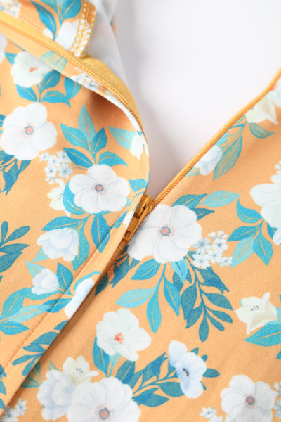 EU STOCK Julia Yellow 50s Style White Floral Print Swing Dress