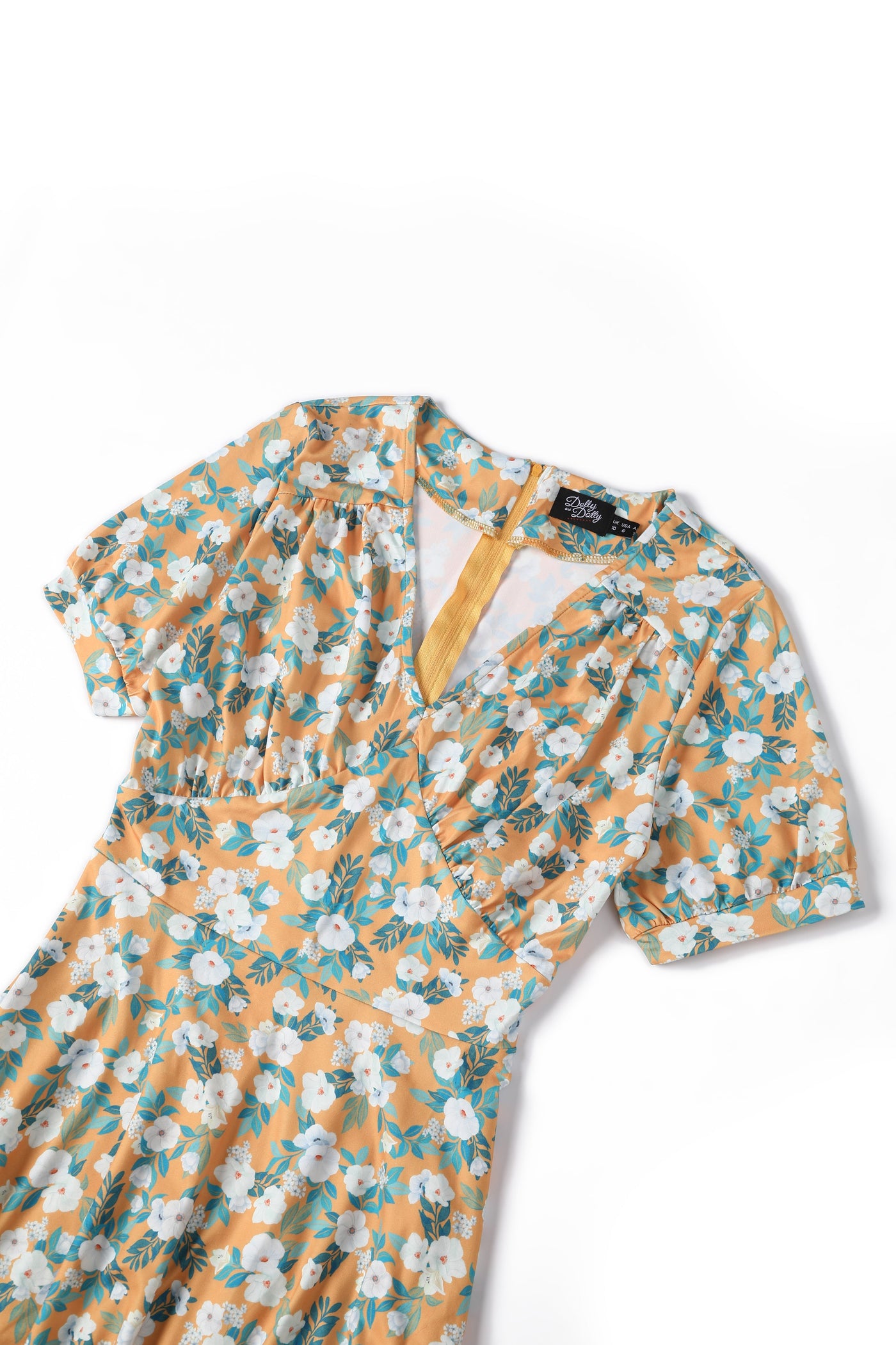 EU STOCK Julia Yellow 50s Style White Floral Print Swing Dress