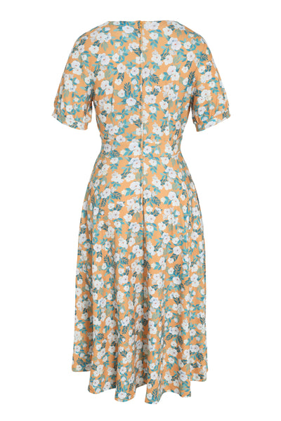 EU STOCK Julia Yellow 50s Style White Floral Print Swing Dress